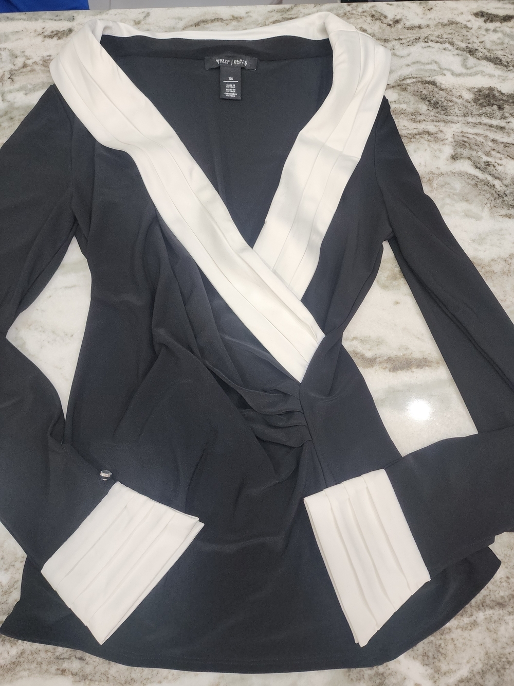 White House Black Market Black Wrap Top with White Trim